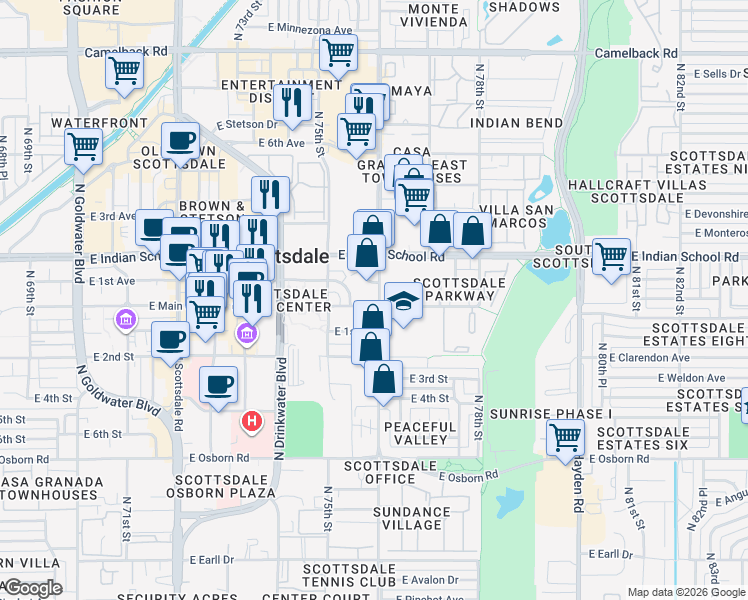 map of restaurants, bars, coffee shops, grocery stores, and more near 3940 North Miller Road in Scottsdale