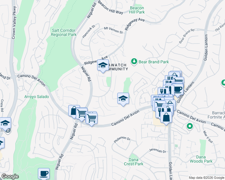 map of restaurants, bars, coffee shops, grocery stores, and more near 27 High Bluff in Laguna Niguel
