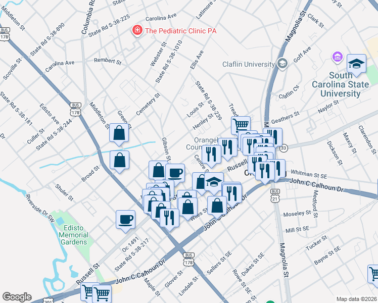 map of restaurants, bars, coffee shops, grocery stores, and more near 1469 Amelia Street in Orangeburg