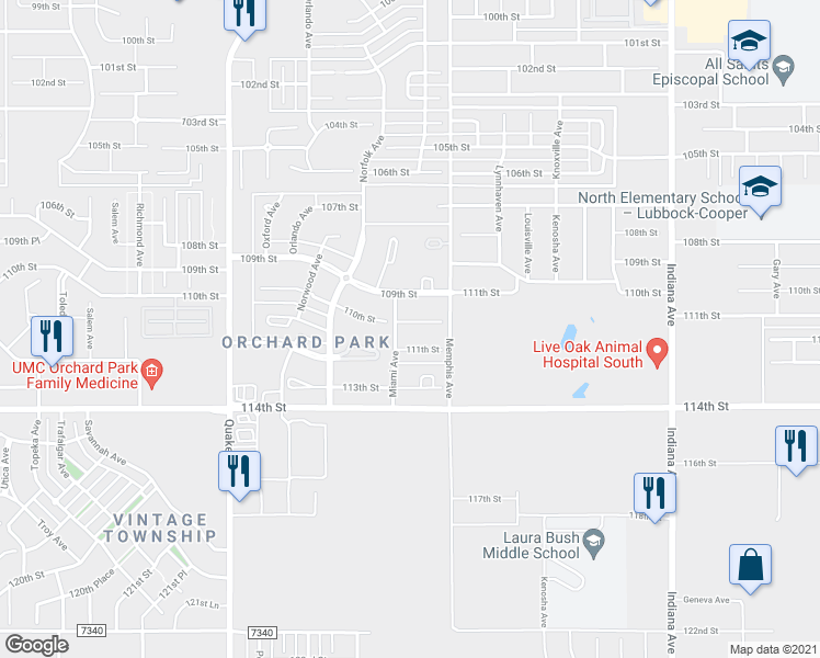 map of restaurants, bars, coffee shops, grocery stores, and more near 3809 110th Street in Lubbock