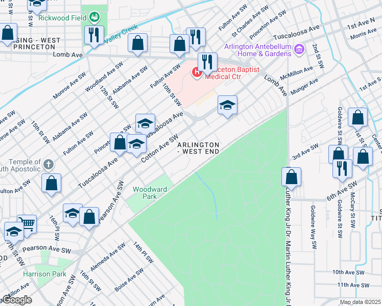 map of restaurants, bars, coffee shops, grocery stores, and more near 830 11th Street Southwest in Birmingham