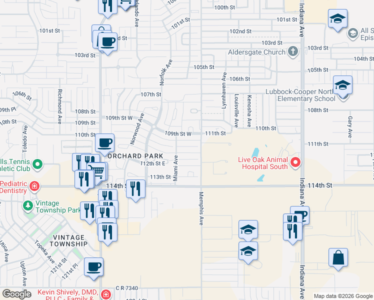 map of restaurants, bars, coffee shops, grocery stores, and more near 3809 110th Street in Lubbock