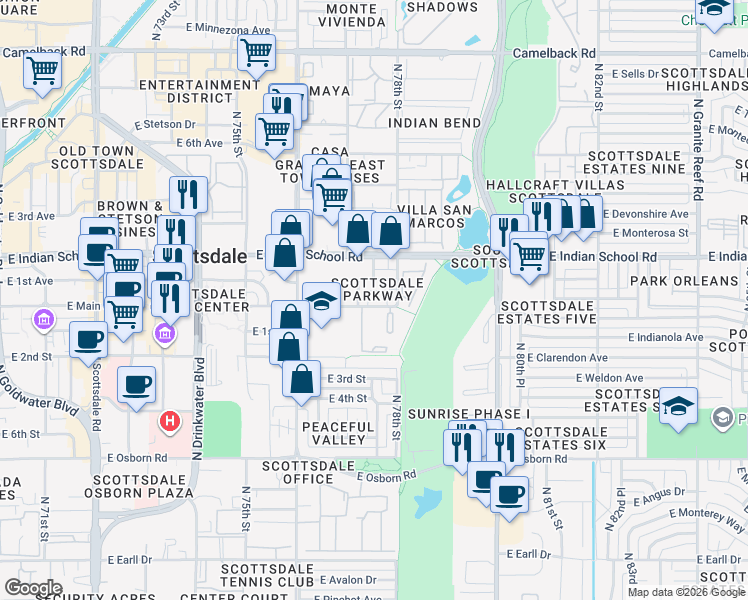 map of restaurants, bars, coffee shops, grocery stores, and more near 4016 North 78th Street in Scottsdale