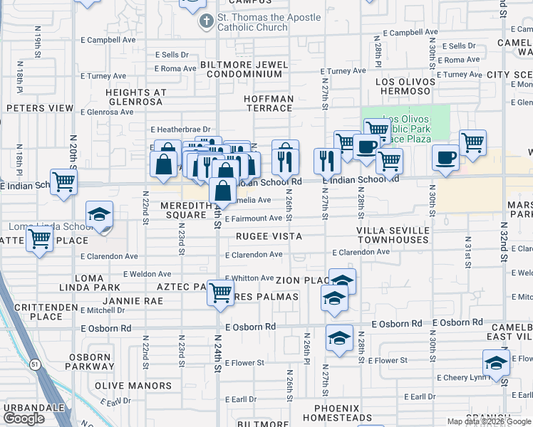 map of restaurants, bars, coffee shops, grocery stores, and more near 2502 East Fairmount Avenue in Phoenix