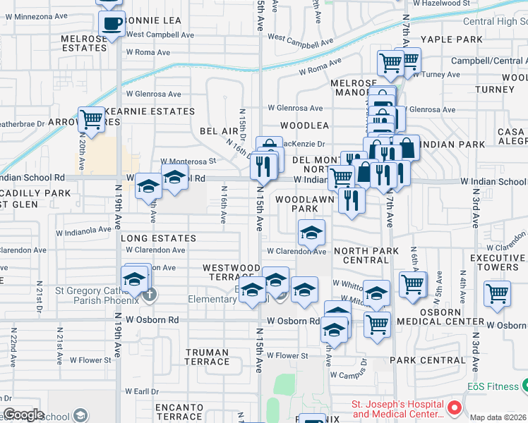 map of restaurants, bars, coffee shops, grocery stores, and more near 4006 North 14th Avenue in Phoenix