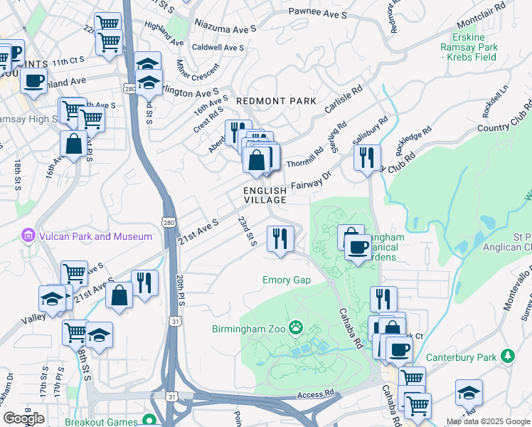 map of restaurants, bars, coffee shops, grocery stores, and more near in Mountain Brook