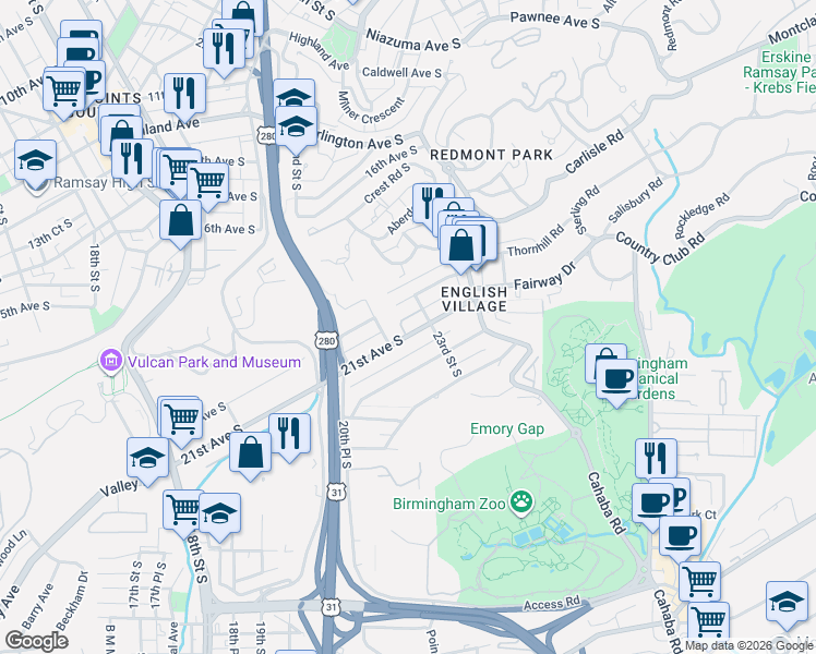map of restaurants, bars, coffee shops, grocery stores, and more near 2222 21st Avenue South in Birmingham