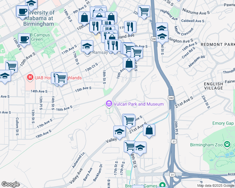 map of restaurants, bars, coffee shops, grocery stores, and more near 1843 16th Avenue South in Birmingham