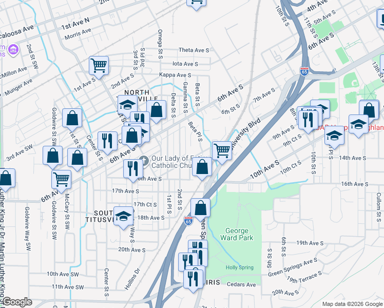 map of restaurants, bars, coffee shops, grocery stores, and more near 344 8th Avenue South in Birmingham