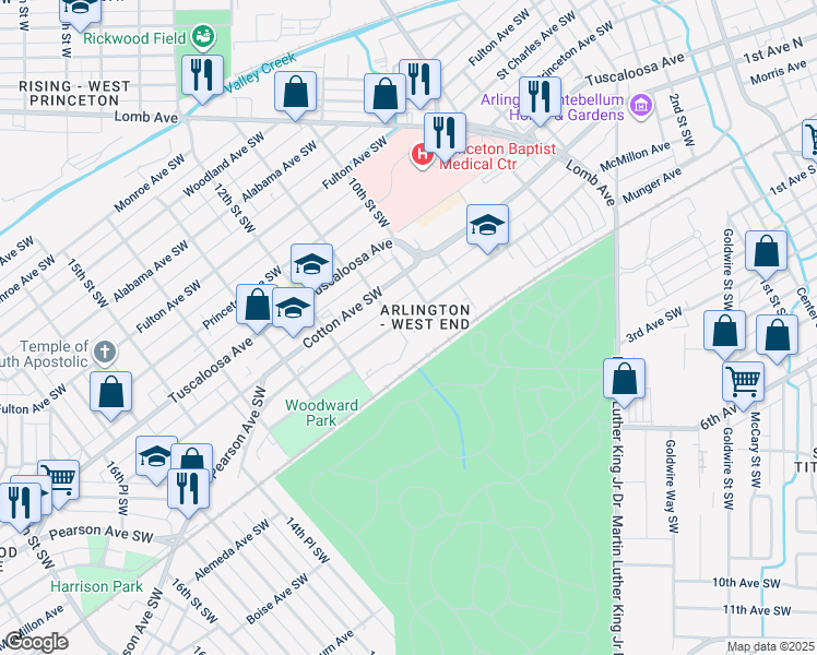 map of restaurants, bars, coffee shops, grocery stores, and more near 830 11th Street Southwest in Birmingham