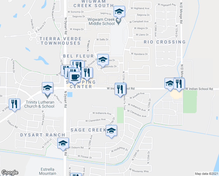 map of restaurants, bars, coffee shops, grocery stores, and more near 12731 West Indian School Road in Litchfield Park