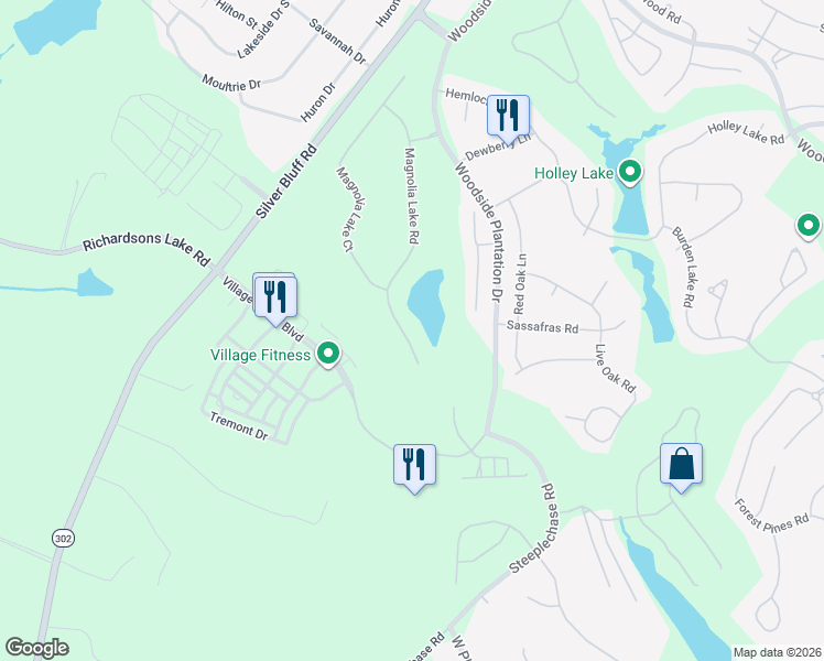 map of restaurants, bars, coffee shops, grocery stores, and more near 265 Magnolia Lake Road in Aiken