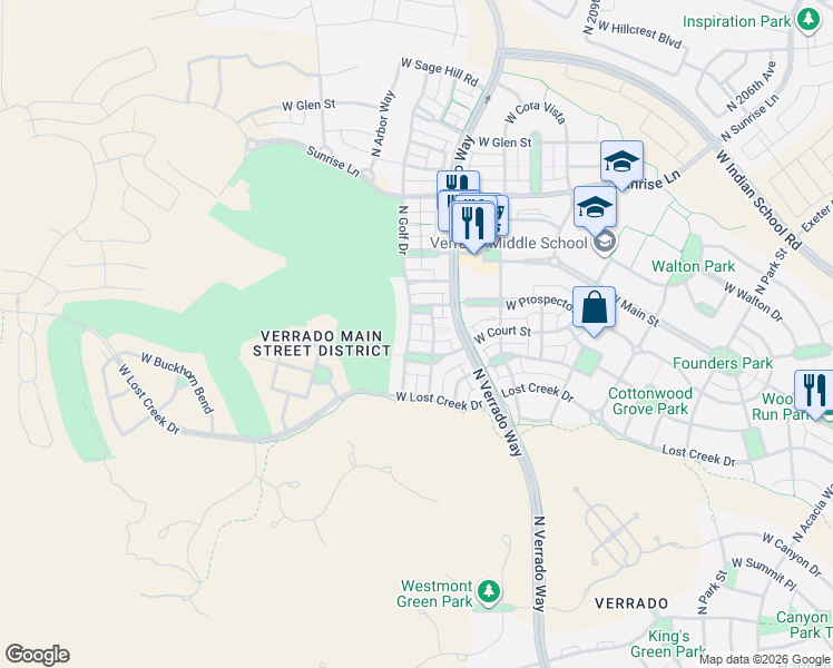 map of restaurants, bars, coffee shops, grocery stores, and more near 4077 North Golf Drive in Buckeye