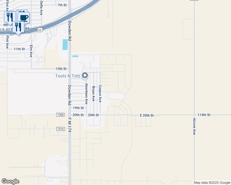 map of restaurants, bars, coffee shops, grocery stores, and more near 1603-1605 Corpus Avenue in Wolfforth