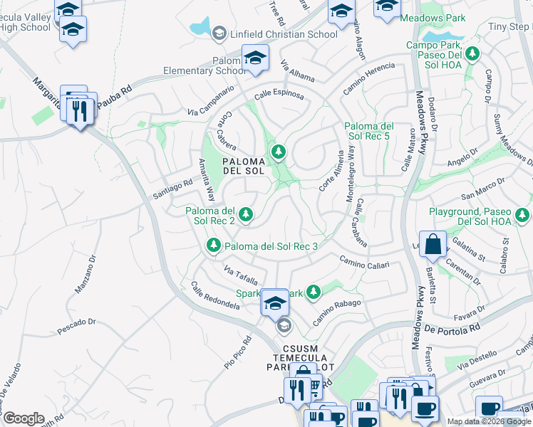 map of restaurants, bars, coffee shops, grocery stores, and more near 31983 Calle Novelda in Temecula