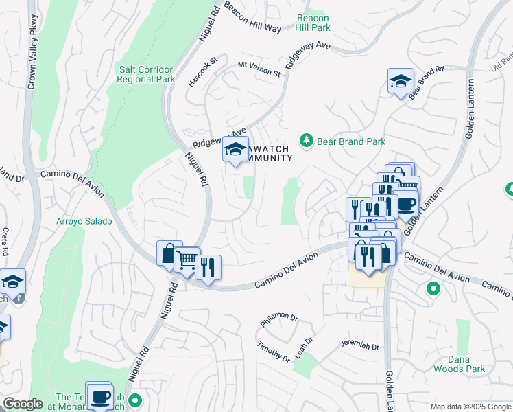 map of restaurants, bars, coffee shops, grocery stores, and more near 27 High Bluff in Laguna Niguel