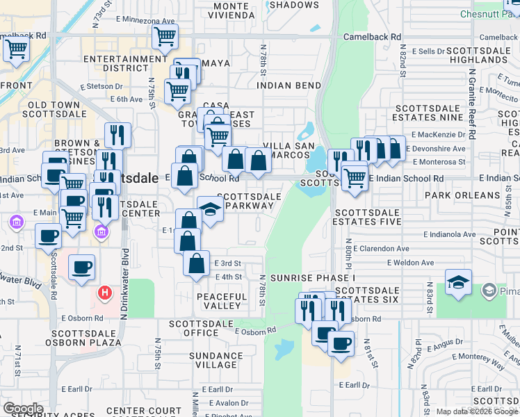map of restaurants, bars, coffee shops, grocery stores, and more near 4016 North 78th Street in Scottsdale