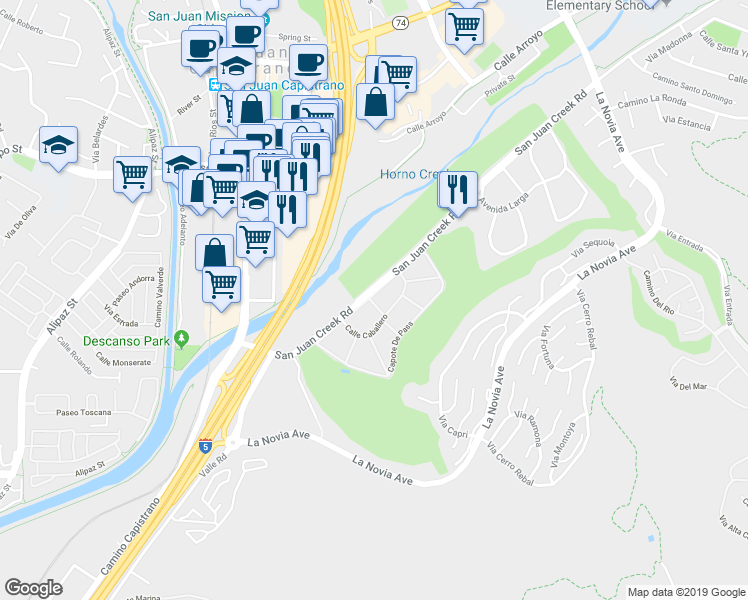map of restaurants, bars, coffee shops, grocery stores, and more near 27132 Via Bronca in San Juan Capistrano