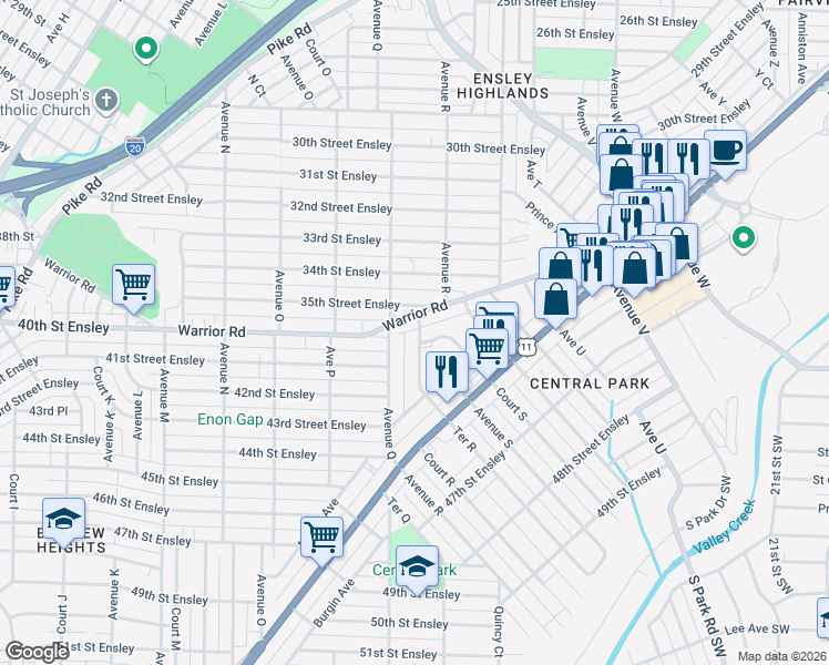 map of restaurants, bars, coffee shops, grocery stores, and more near 1727 Warrior Road in Birmingham