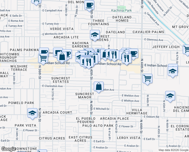 map of restaurants, bars, coffee shops, grocery stores, and more near 4017 North 40th Street in Phoenix