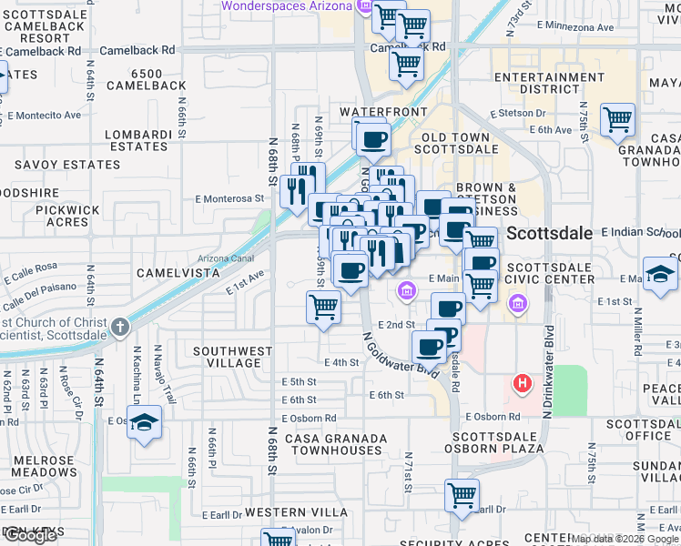 map of restaurants, bars, coffee shops, grocery stores, and more near 6926 East Main Street in Scottsdale