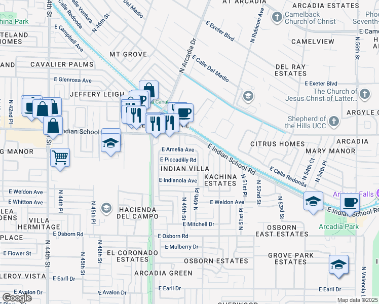 map of restaurants, bars, coffee shops, grocery stores, and more near 4917 East Amelia Avenue in Phoenix