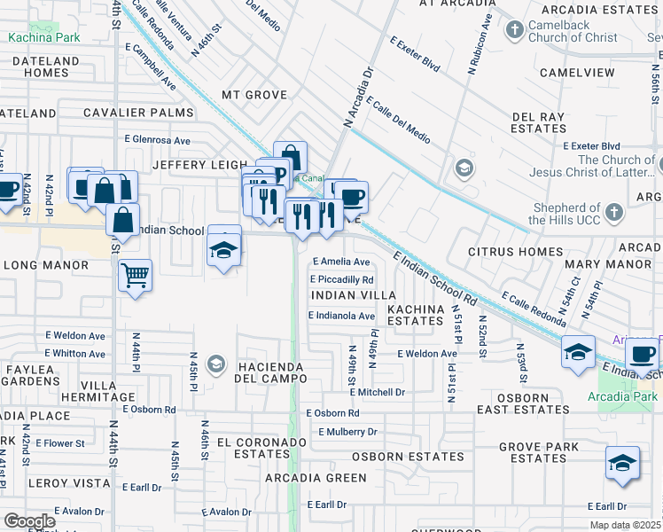 map of restaurants, bars, coffee shops, grocery stores, and more near 4837 East Amelia Avenue in Phoenix