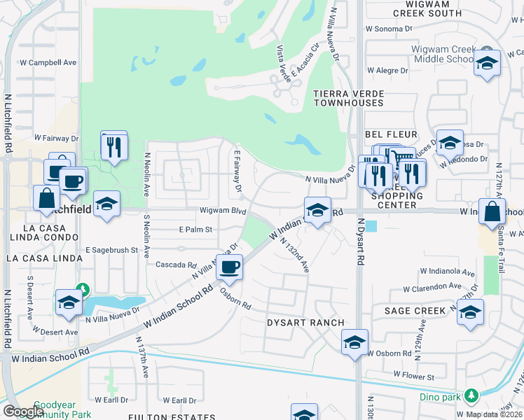 map of restaurants, bars, coffee shops, grocery stores, and more near 719 East Fairway Drive in Litchfield Park