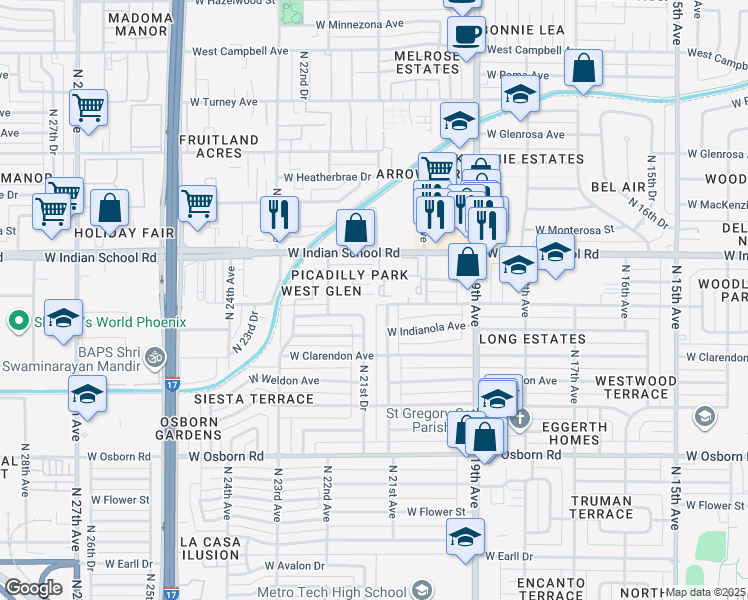 map of restaurants, bars, coffee shops, grocery stores, and more near 2109 West Piccadilly Road in Phoenix