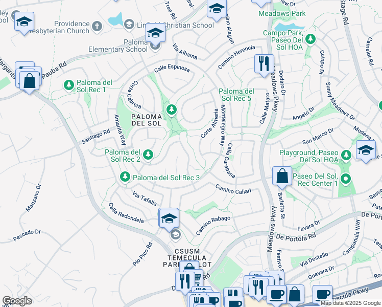 map of restaurants, bars, coffee shops, grocery stores, and more near 43460 Corte Benavente in Temecula