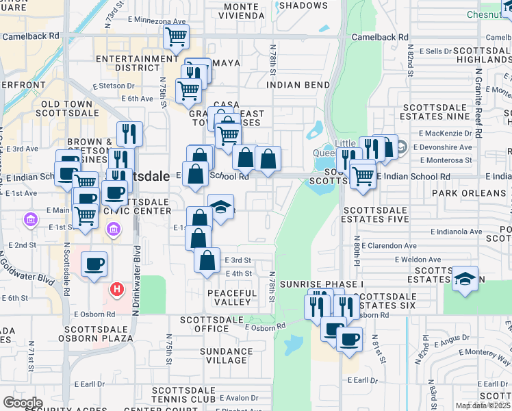 map of restaurants, bars, coffee shops, grocery stores, and more near 4016 North 78th Street in Scottsdale