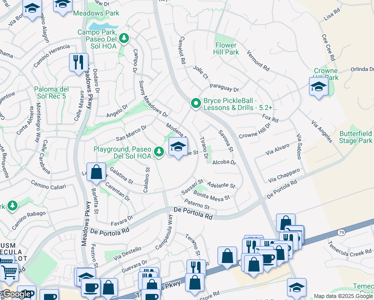 map of restaurants, bars, coffee shops, grocery stores, and more near 43611 Modena Drive in Temecula