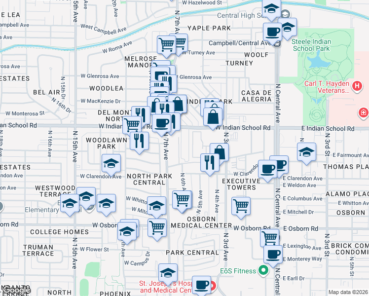 map of restaurants, bars, coffee shops, grocery stores, and more near 611 West Indian School Road in Phoenix
