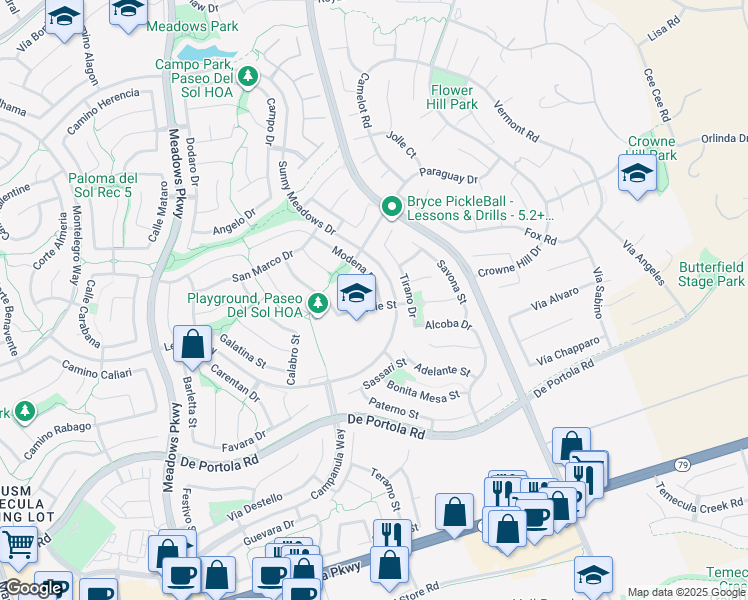 map of restaurants, bars, coffee shops, grocery stores, and more near 43611 Modena Drive in Temecula