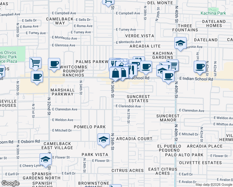 map of restaurants, bars, coffee shops, grocery stores, and more near 3615 East Piccadilly Road in Phoenix