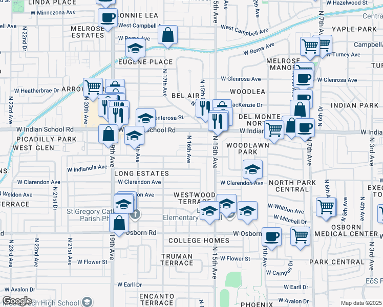 map of restaurants, bars, coffee shops, grocery stores, and more near 1546 West Fairmount Avenue in Phoenix