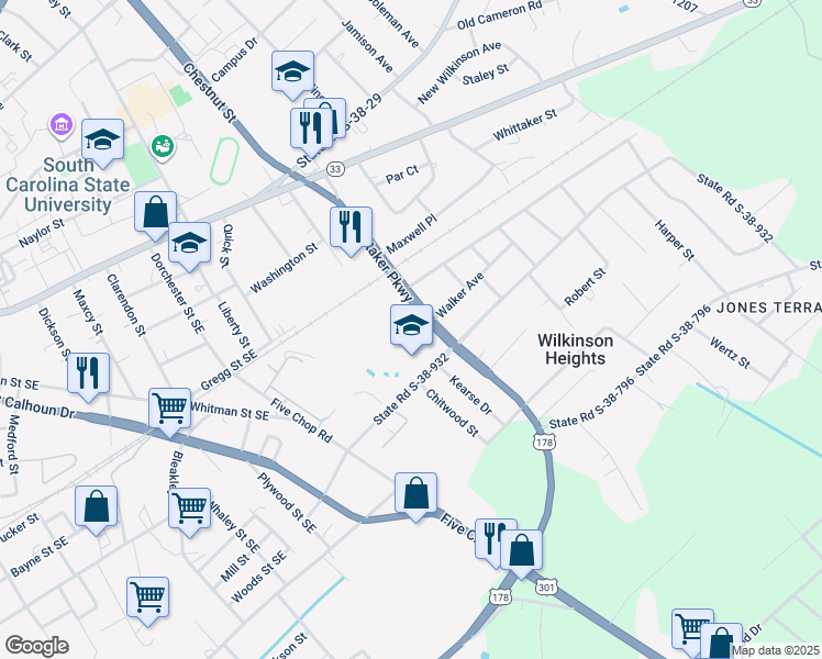 map of restaurants, bars, coffee shops, grocery stores, and more near 790 Whittaker Parkway in Orangeburg