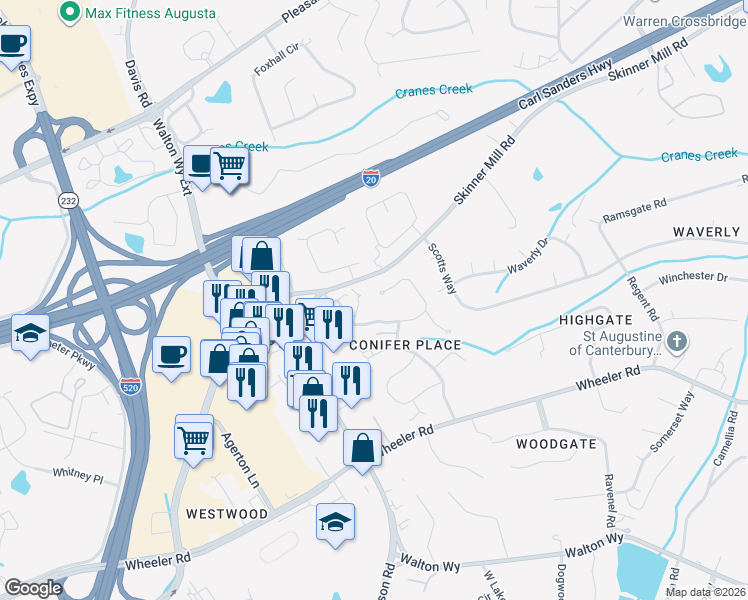 map of restaurants, bars, coffee shops, grocery stores, and more near 64 Conifer Circle in Augusta