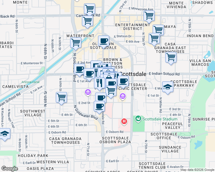 map of restaurants, bars, coffee shops, grocery stores, and more near 7220 East Main Street in Scottsdale