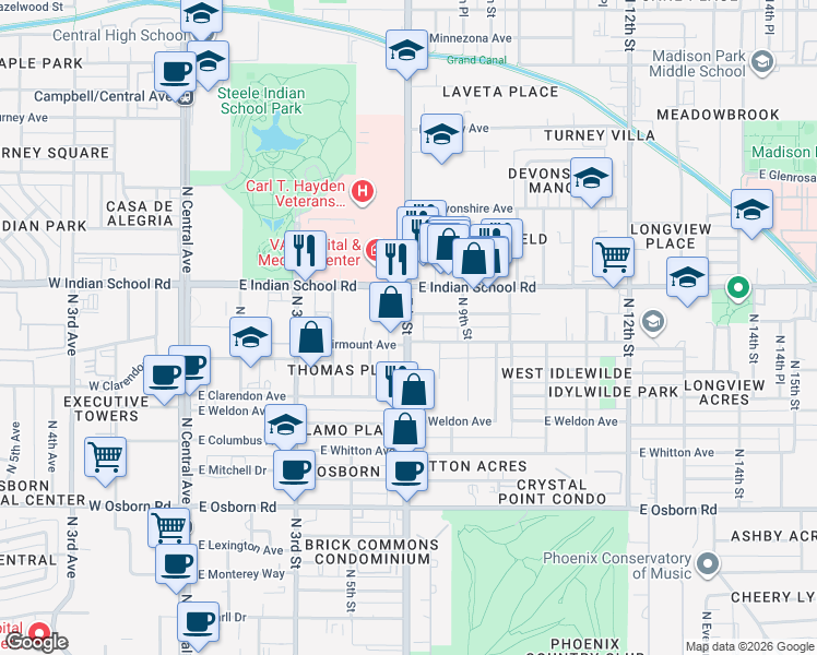 map of restaurants, bars, coffee shops, grocery stores, and more near 4011 North 7th Street in Phoenix