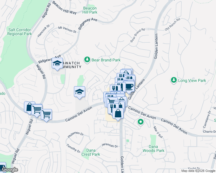 map of restaurants, bars, coffee shops, grocery stores, and more near 115 Shorebreaker Drive in Laguna Niguel