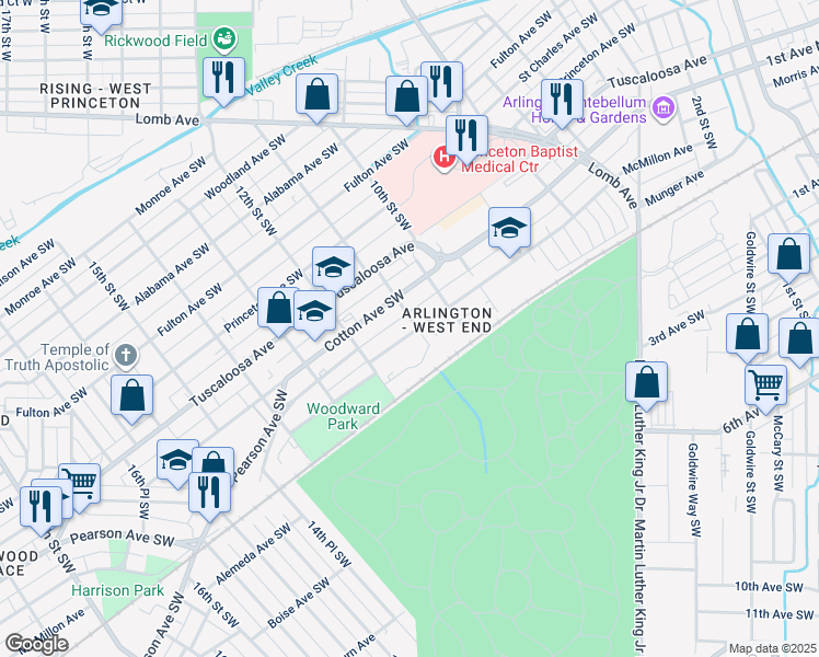 map of restaurants, bars, coffee shops, grocery stores, and more near 830 11th Street Southwest in Birmingham
