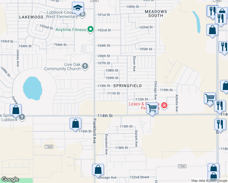 map of restaurants, bars, coffee shops, grocery stores, and more near 5722 111th Street in Lubbock