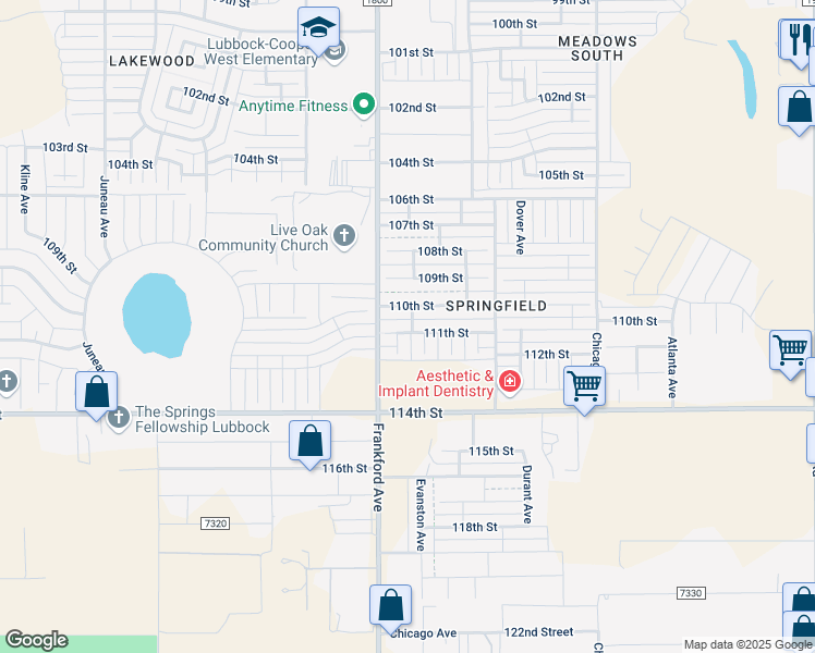 map of restaurants, bars, coffee shops, grocery stores, and more near 5738 111th Street in Lubbock