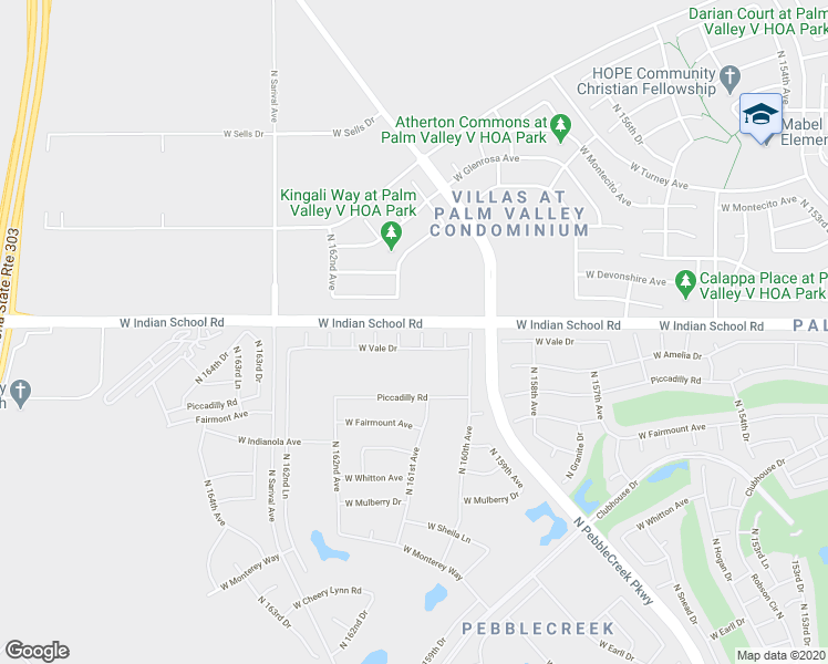 map of restaurants, bars, coffee shops, grocery stores, and more near 4088 North 160th Lane in Goodyear