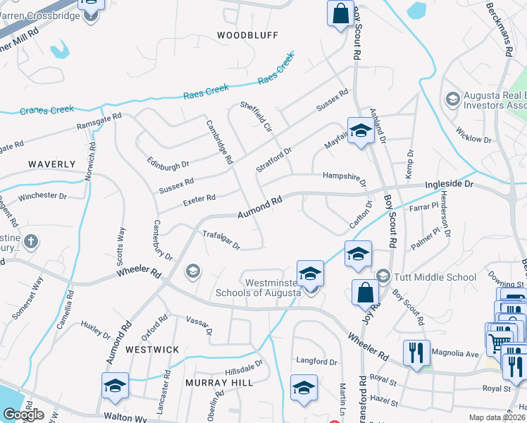 map of restaurants, bars, coffee shops, grocery stores, and more near 442 Aumond Road in Augusta