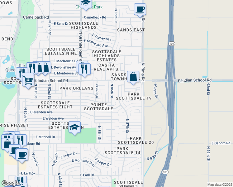 map of restaurants, bars, coffee shops, grocery stores, and more near 3920 North 87th Street in Scottsdale