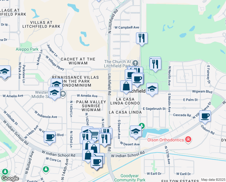 map of restaurants, bars, coffee shops, grocery stores, and more near 292 West Wigwam Boulevard in Litchfield Park
