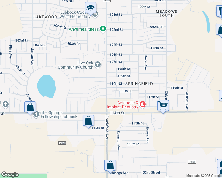 map of restaurants, bars, coffee shops, grocery stores, and more near 5738 111th Street in Lubbock