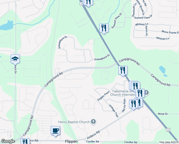map of restaurants, bars, coffee shops, grocery stores, and more near 116 Warbler Way in McDonough